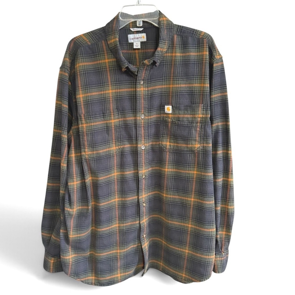 Carhartt Flannel Shirt Mens XL Grey Orange Plaid Relaxed Fit Workwear Button Up